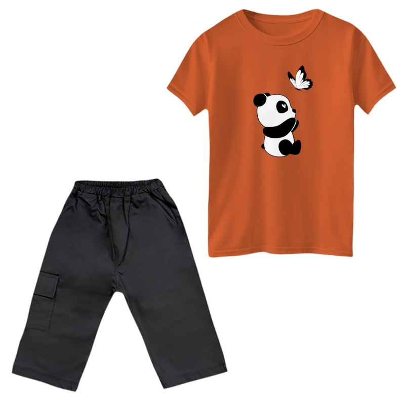 ست تی‌شرت و شلوارک پسرانه مدل پاندا و پروانه رنگ نارنجی