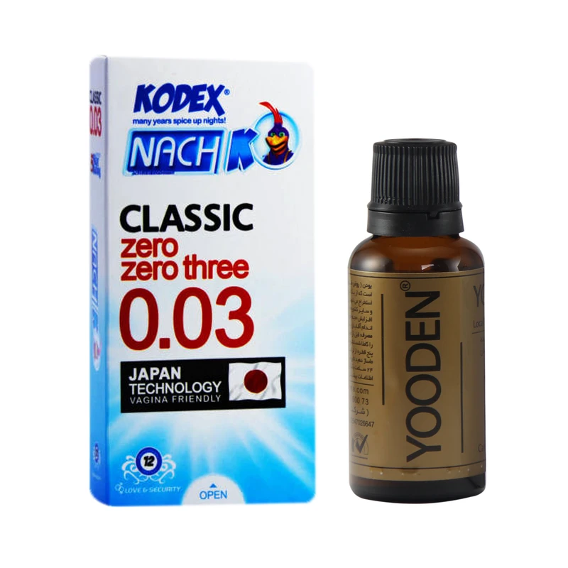 کاندوم ناچ کدکس مدل Classic 0.03 بسته 12 عددی به همراه روغن یودن کد 01 حجم 30 میلی لیتر