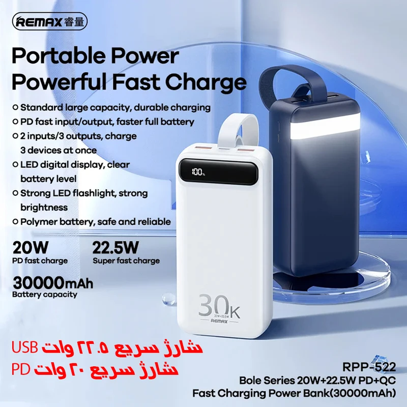 عکس شماره 3 : پاوربانک ریمکس مدل rpp-522 22.5w ظرفیت 30000 میلی آمپر ساعت
