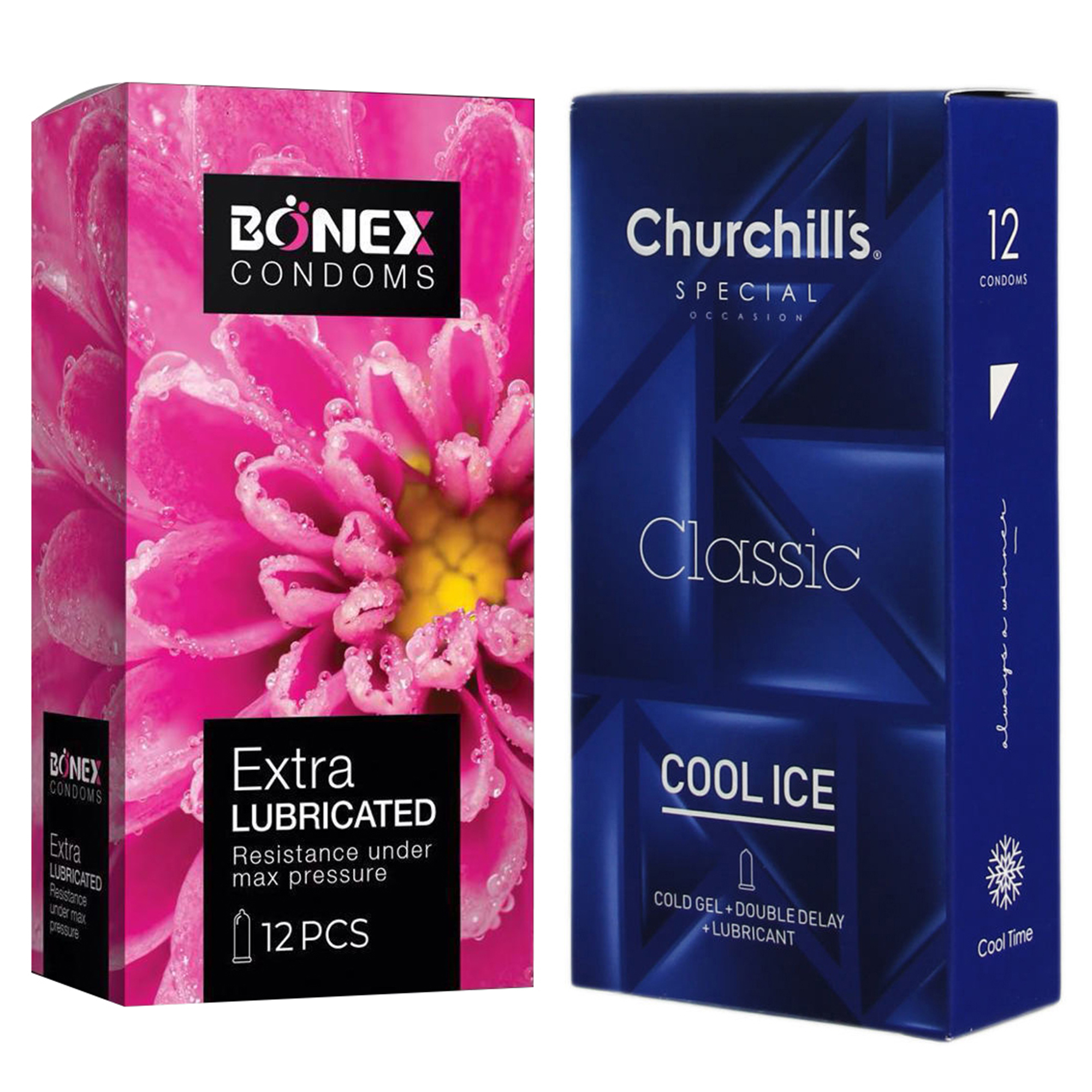 کاندوم چرچیلز مدل Cool Ice بسته 12 عددی به همراه کاندوم بونکس مدل Extra Lubricated بسته 12 عددی 