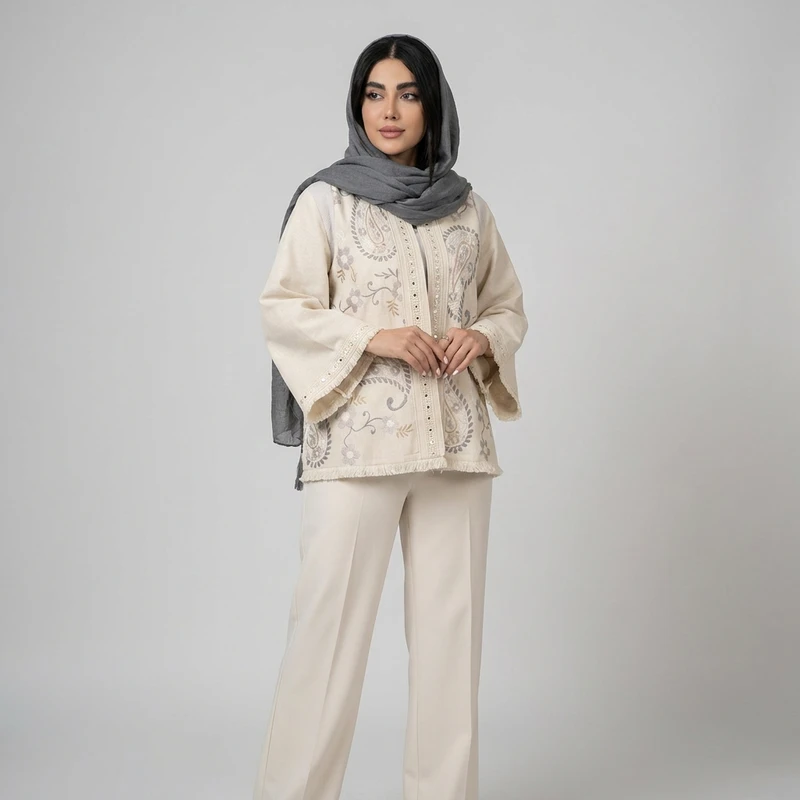 مانتو زنانه لینن گل‌دار مدل فلوما سوزندوزی