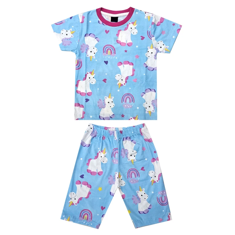 ست تی شرت آستین کوتاه و شلوارک دخترانه مدل پونی اسب تکشاخ