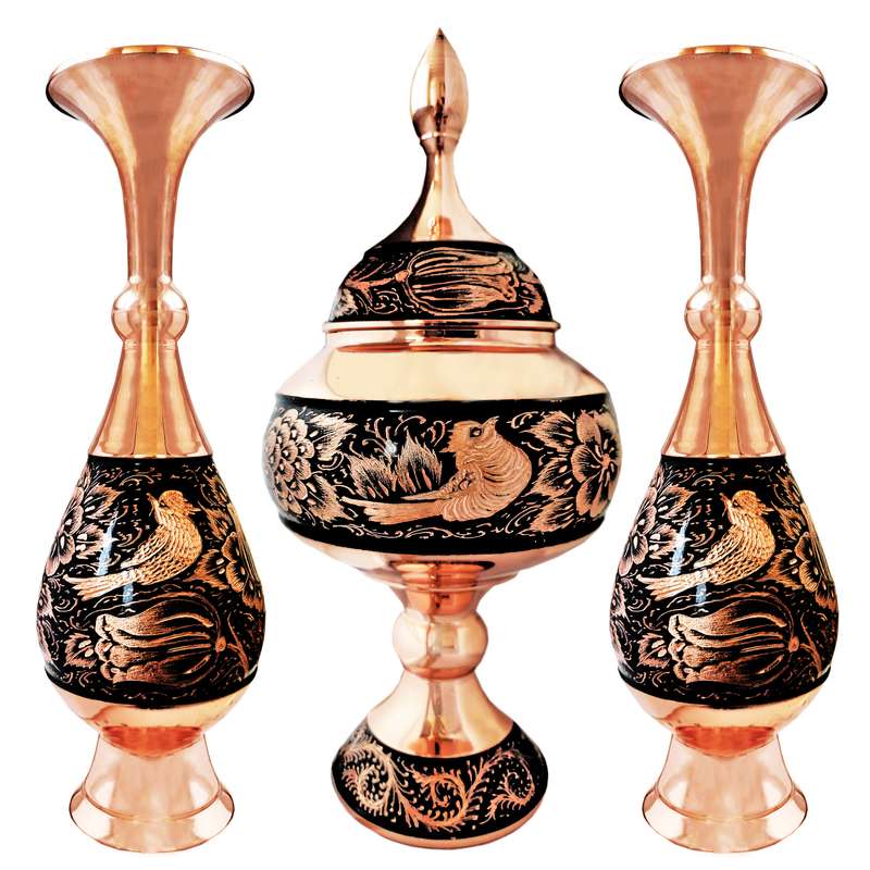 ست 3 تکه گلدان و شکلات خوری مسی مدل الماس تراش کد 3230