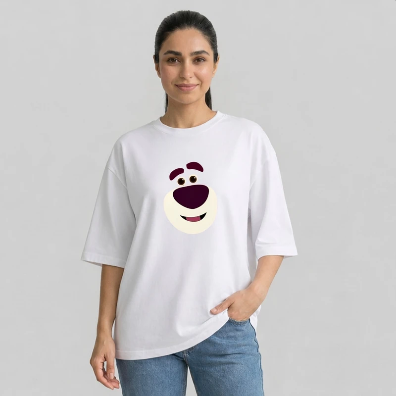تی شرت آستین سه ربع زنانه مدل باکسی طرح چشم و دهان خرس کد m
