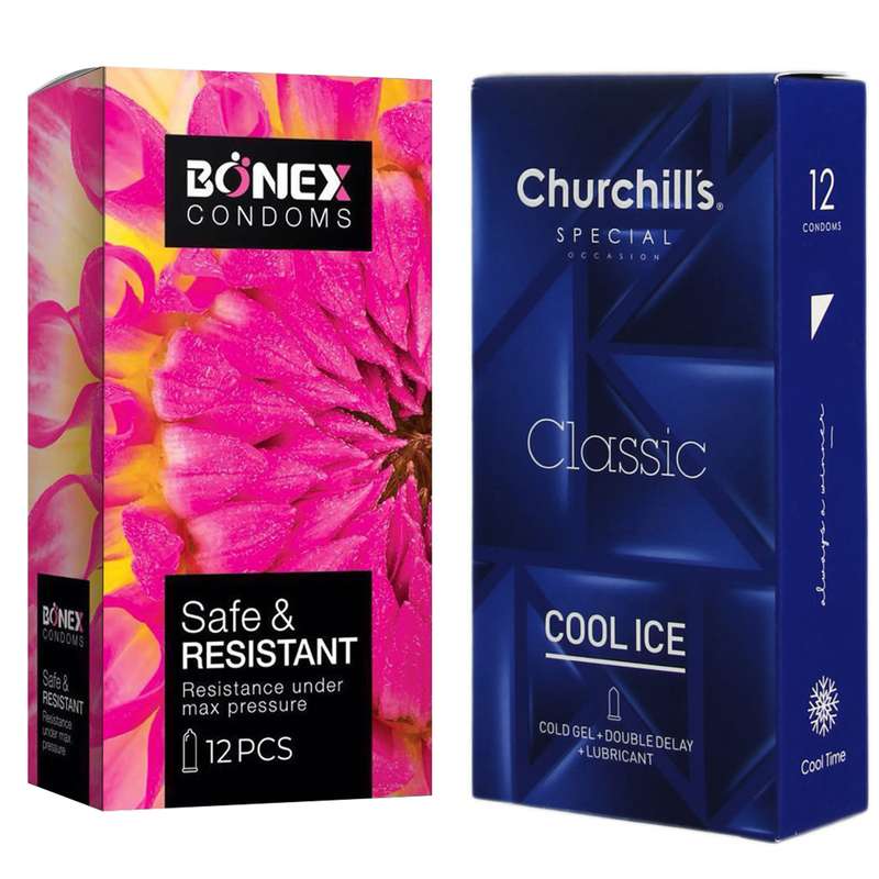 کاندوم چرچیلز مدل Cool Ice بسته 12 عددی به همراه کاندوم بونکس مدل Safe  & Resistant بسته 12 عددی