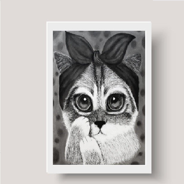 تابلو نقاشی سیاه قلم مدل گربه ملوس