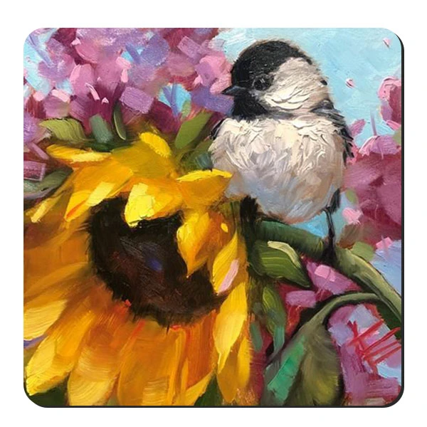 زیر لیوانی طرح پرنده و گل آفتابگردان کد nzl520