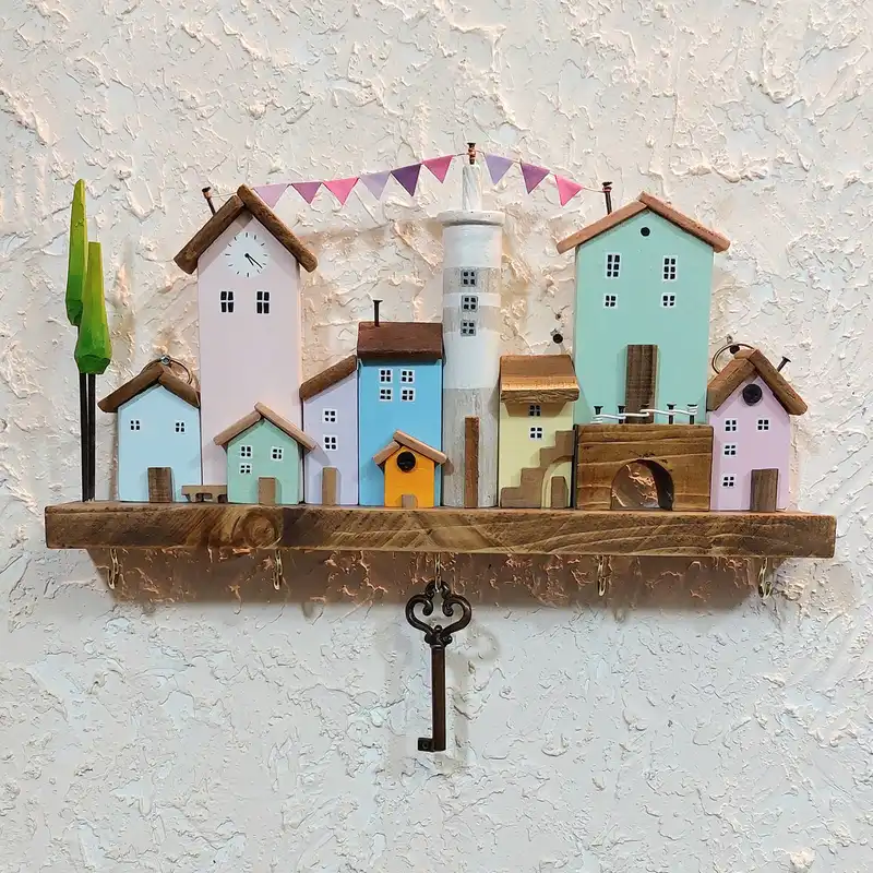 جاکلیدی دیواری چوبی مدل دهکده رویایی کد 5322