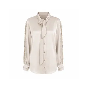 Women’s Long-Sleeve Silk Satin Blouse with Tie Neck, Rozalin Model