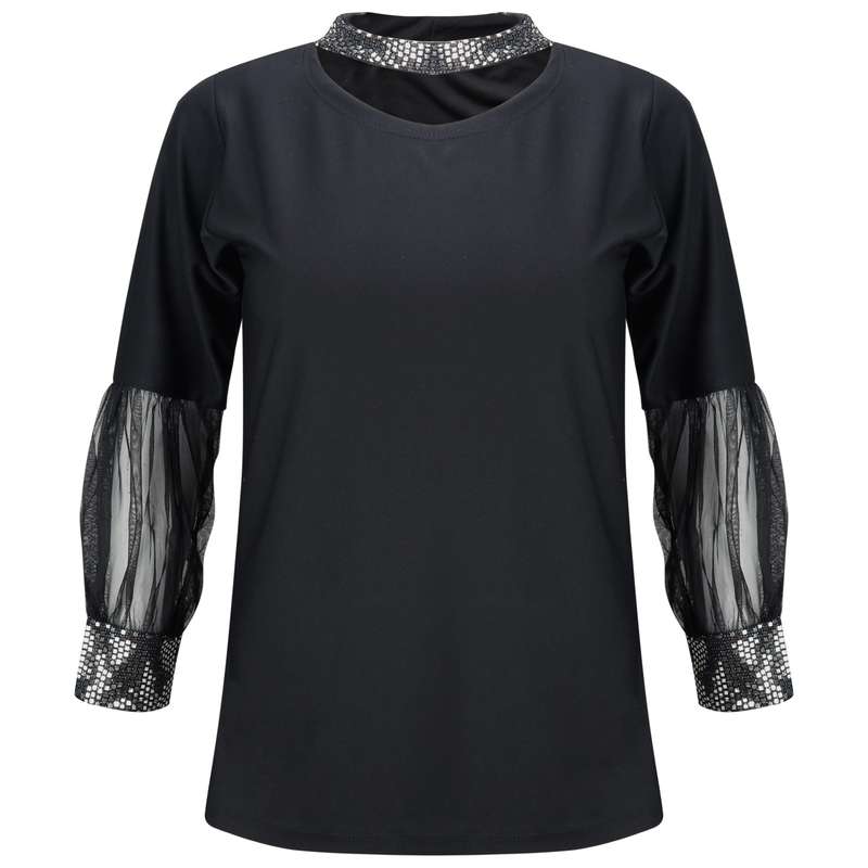 بلوز زنانه مدل آستین تور طرح آیینه ای کد AS1371 رنگ مشکی