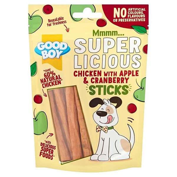 غذای تشویقی سگ گودبوی مدل super licious chiken with apple & cranberry sticks وزن 100 گرم