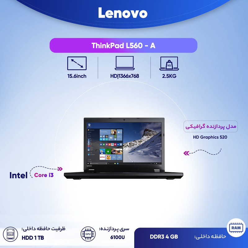 لپ تاپ 15 اینچی لنوو مدل ThinkPad L560 - A