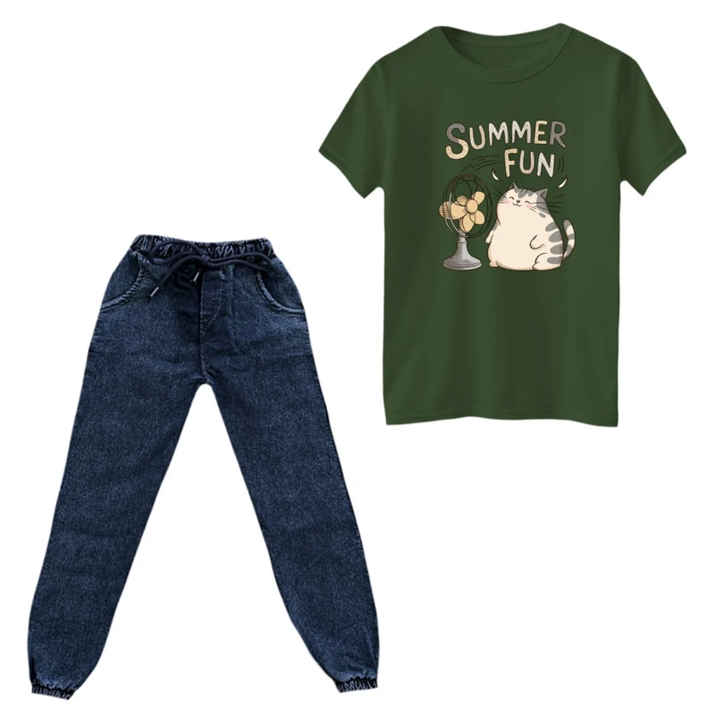 ست تی‌شرت آستین کوتاه و شلوار پسرانه مدل گربه گرمایی