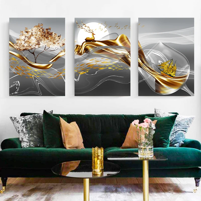 تابلو بوم طرح گوزن و کشتی کد mrart_1144 مجموعه 3 عددی