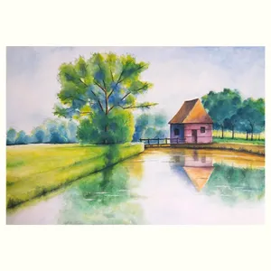 نقاشی آبرنگ طرح کلبه کد 002