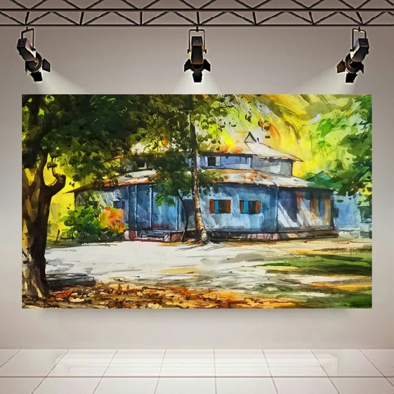 تابلو بوم طرح مخمل رنگ روغن خانه مدل طبیعت و پرتو خورشید کد AR304146