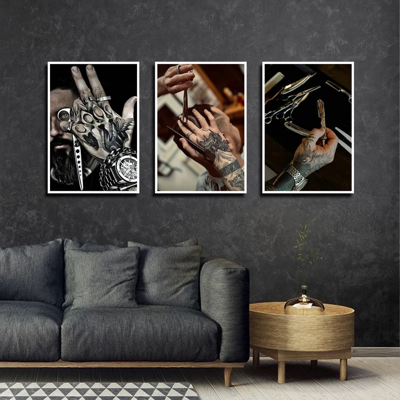 تابلو بکلیت طرح آرایش و پیرایش مردانه مدل W-4206 رنگ فریم سفید مجموعه 3 عددی