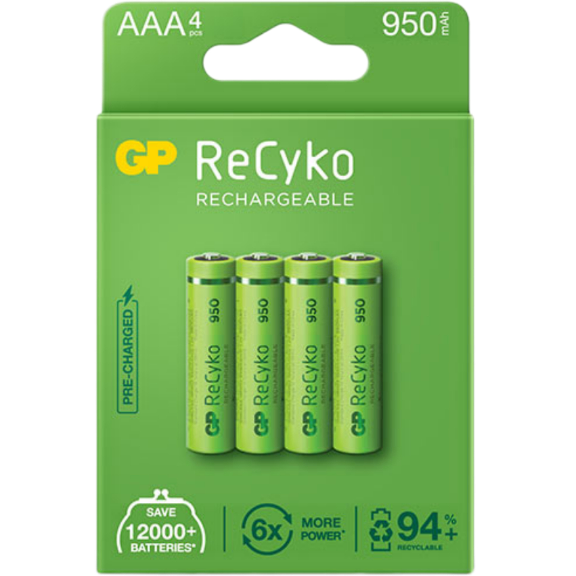 باتری نیم قلمی قابل شارژ جی پی مدل Rechargeable Recyko 950 بسته چهار عددی
