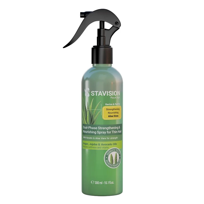 سرم دو فاز مو استاویژن مدل Aloe Vera حاوی کراتین، آلوئه ورا، روغن آرگان، جوجوبا و آووکادو مناسب تقویت کننده و مغذی موهای نازک و ضعیف حجم 300 میلی لیتر