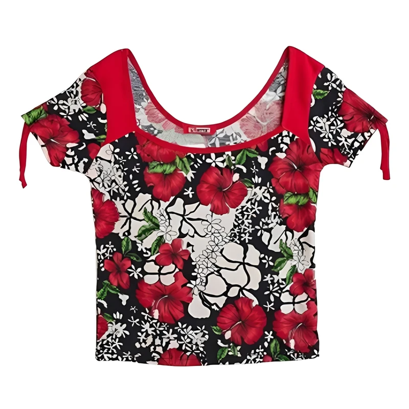 بلوز آستین کوتاه یقه خشتی زنانه مدل گل