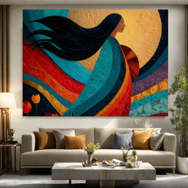 پوستر پارچه ای طرح مخمل نقاشی مدل بانو و خورشید کد BK24819