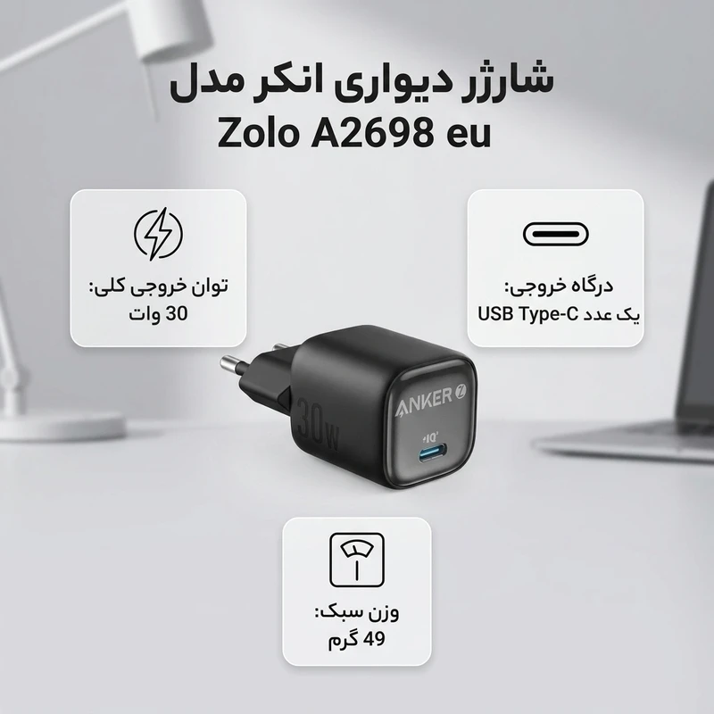 عکس شماره 2 : شارژر دیواری 30 وات انکر مدل zolo a2698 eu