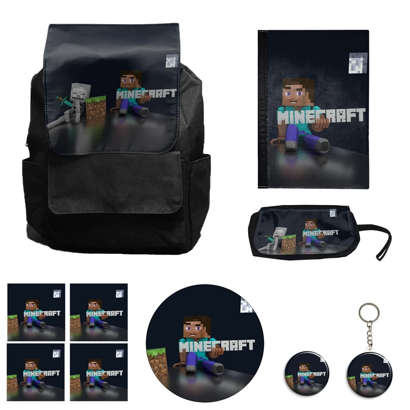 کوله پشتی مدل بازی ماینکرافت کد M14 به همراه کلاسور و جامدادی و زیر لیوانی و جاکلیدی مجموعه 10 عددی