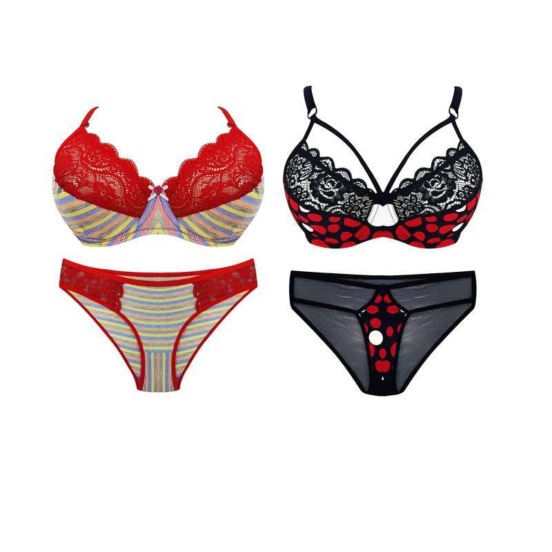 ست شورت و سوتین زنانه مدل راه راه و خالدار رنگ قرمز مجموعه 2 عددی