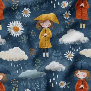 پارچه ملحفه عرض 1.5 متر پارچه باما طرح پنج بعدی دختر باران کد 5014558 رنگ سرمه‌ای