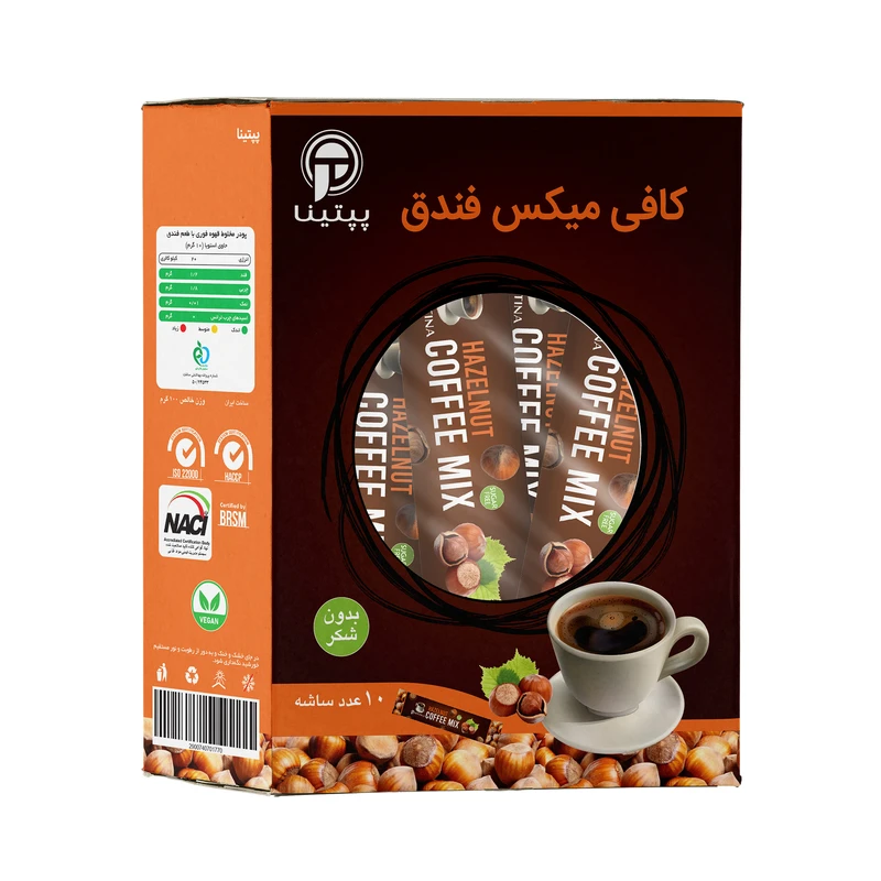 کافی میکس با پودر شیر فندق بدون شکر پپتینا بسته 10 عددی