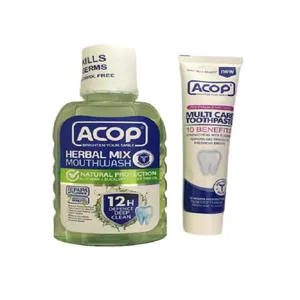 خمیر دندان آکوپ مدل MULTICAREحجم 90 میلی لیتر  به همراه دهان شویه گیاهی آکوپ مدل HERBAL حجم 300 میلی لیتر 