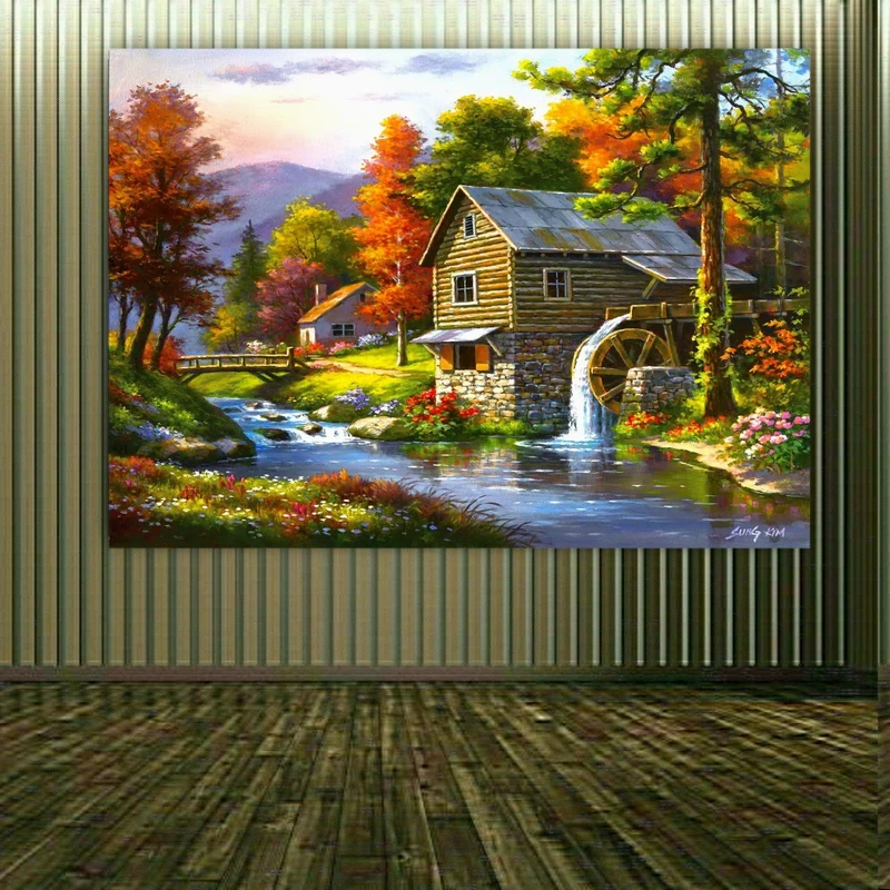 پوستر پارچه ایی طرح طبیعت مدل کلبه چوبی کد FP2210