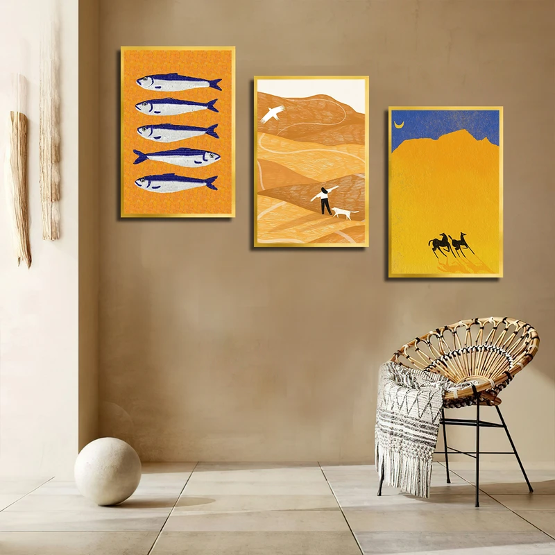 تابلو بکلیت طرح نقاشی ماهی و اسب مدل T-3477 فریم طلایی مجموعه 3 عددی