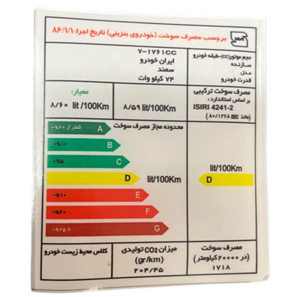  برچسب مصرف انرژی شیشه جلو خودرو وارون مدل P-692 مناسب برای سمند