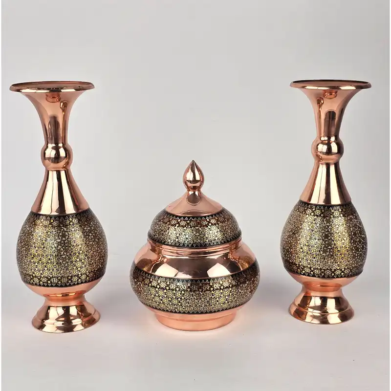 ست 3 تکه شکلات خوری و گلدان خاتم کاری مدل شیرازی کد GH20