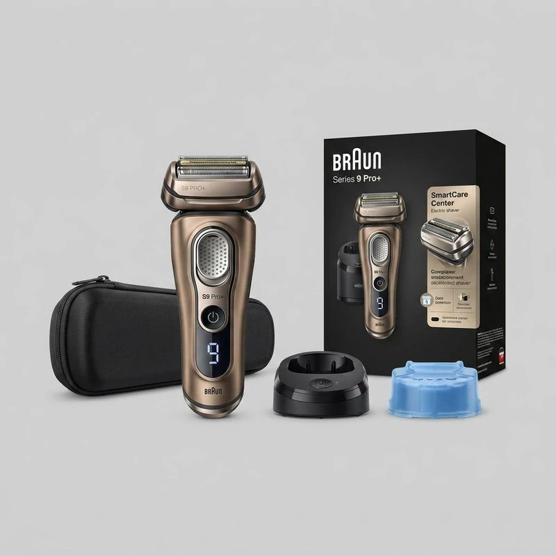 ماشین اصلاح موی صورت شارژی براون مدل 9569cc 9PRO Plus با تیغه تیتانیوم پیشرفته، ضد آب، استفاده خشک و مرطوب، اصلاح صفر، نمایشگر میزان شارژ، سنسور تشخیص تراکم مو، خط زن حرفه‌ای، پایه شستشو ۶ کاره و کیف همراه