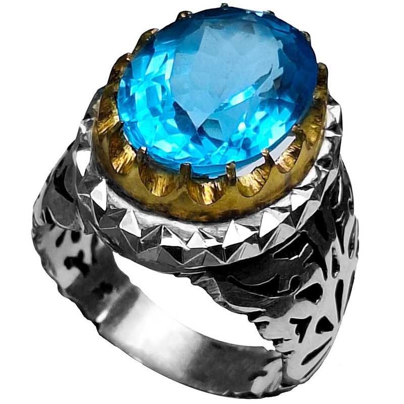 انگشتر نقره مردانه مدل توپاز سوئیس رکاب شبکه کاری