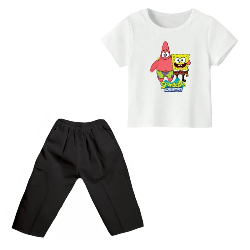 ست تی شرت و شلوارک پسرانه مدل باب اسفنجی و پاتریک رنگ سفید