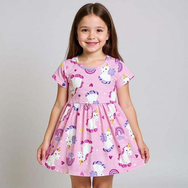 پیراهن آستین کوتاه یقه گرد دخترانه مدل تک شاخ پونی رنگ صورتی