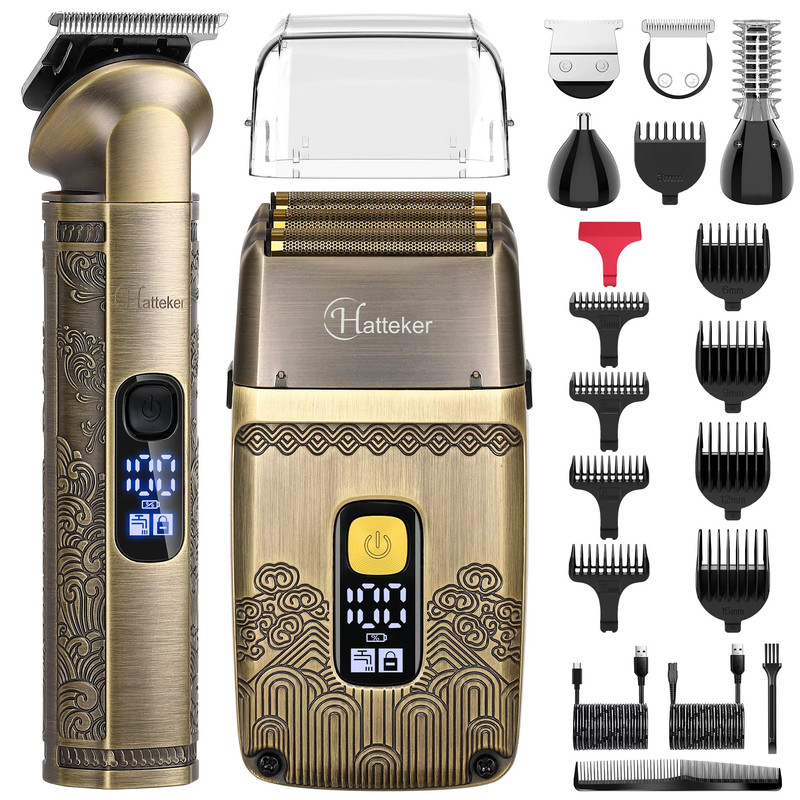 ست ماشین اصلاح موی سر و صورت هاتکر مدل HT-602 با تیغه استیل ضد زنگ، ضد آب IPX7، 9 شانه متنوع، قابلیت صفرزنی و خط‌زنی، باتری قابل شارژ با شارژ سریع و نمایشگر LCD