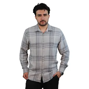 پیراهن آستین بلند یقه برگردان مردانه مدل کنفی چهارخونه کد 485116 رنگ طوسی