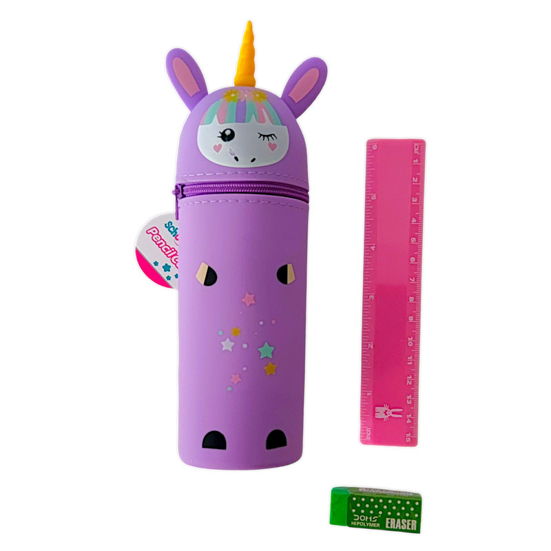 جامدادی اسکول فنس مدل سیلیکونی اسب تک شاخ کد 555 به همراه پاک کن و خط کش مجموعه 3 عددی