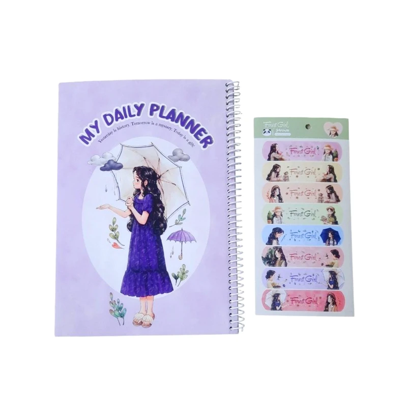 دفتر برنامه‌ریزی 50 پارسام مدل دختر جنگل و چتر کد mn343 به همراه برچسب