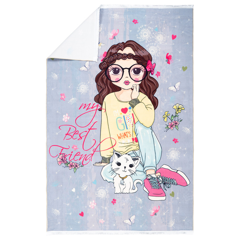 فرش ماشینی محتشم طرح کودک مدل دختر و گربه کد 101234