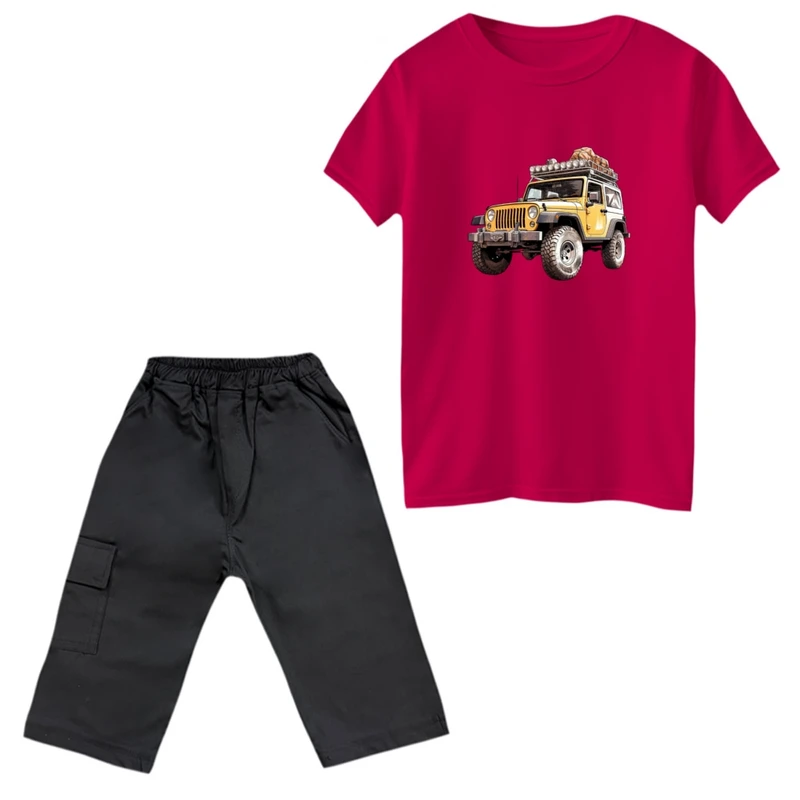 ست تی‌شرت و شلوارک پسرانه مدل ماشین جیپ