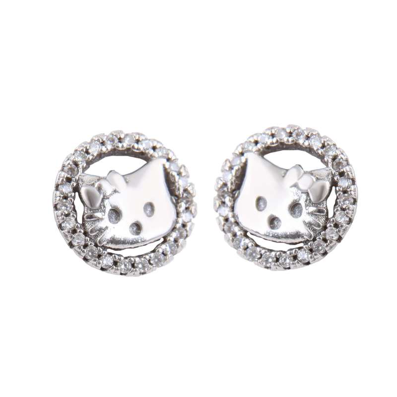 گوشواره نقره زنانه بازرگانی میلادی طرح کیتی فانتزی ابکاری رادیوم نگین برلیان بدون ریزش کد GZN_356