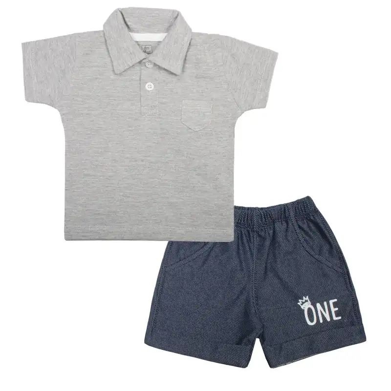 ست پولوشرت و شلوارک نوزادی آدمک مدل ONE کد160901 رنگ طوسی