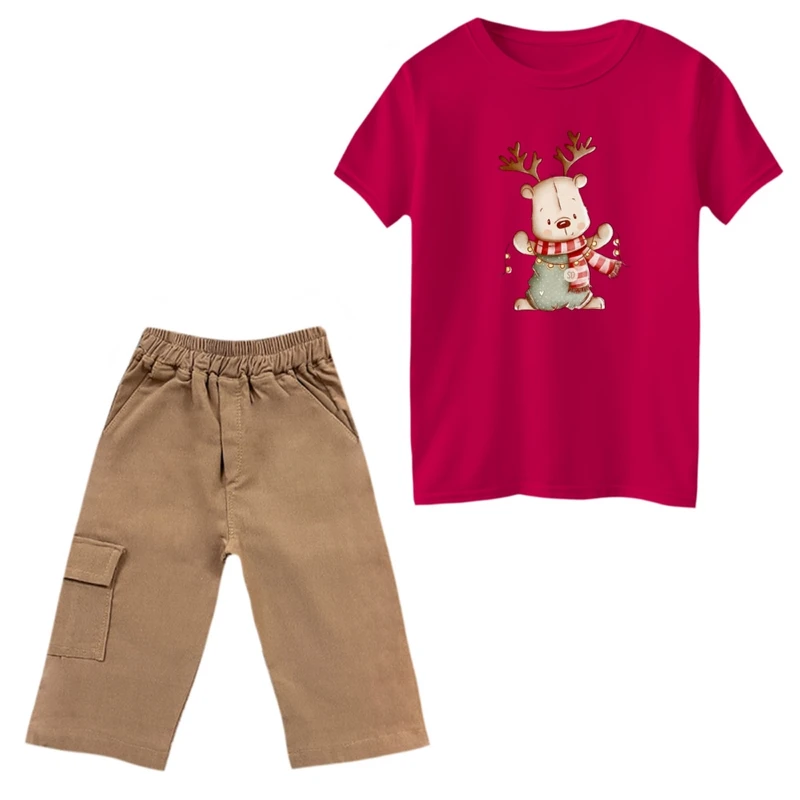 ست تی‌شرت و شلوارک پسرانه مدل گوزن و شال گردن