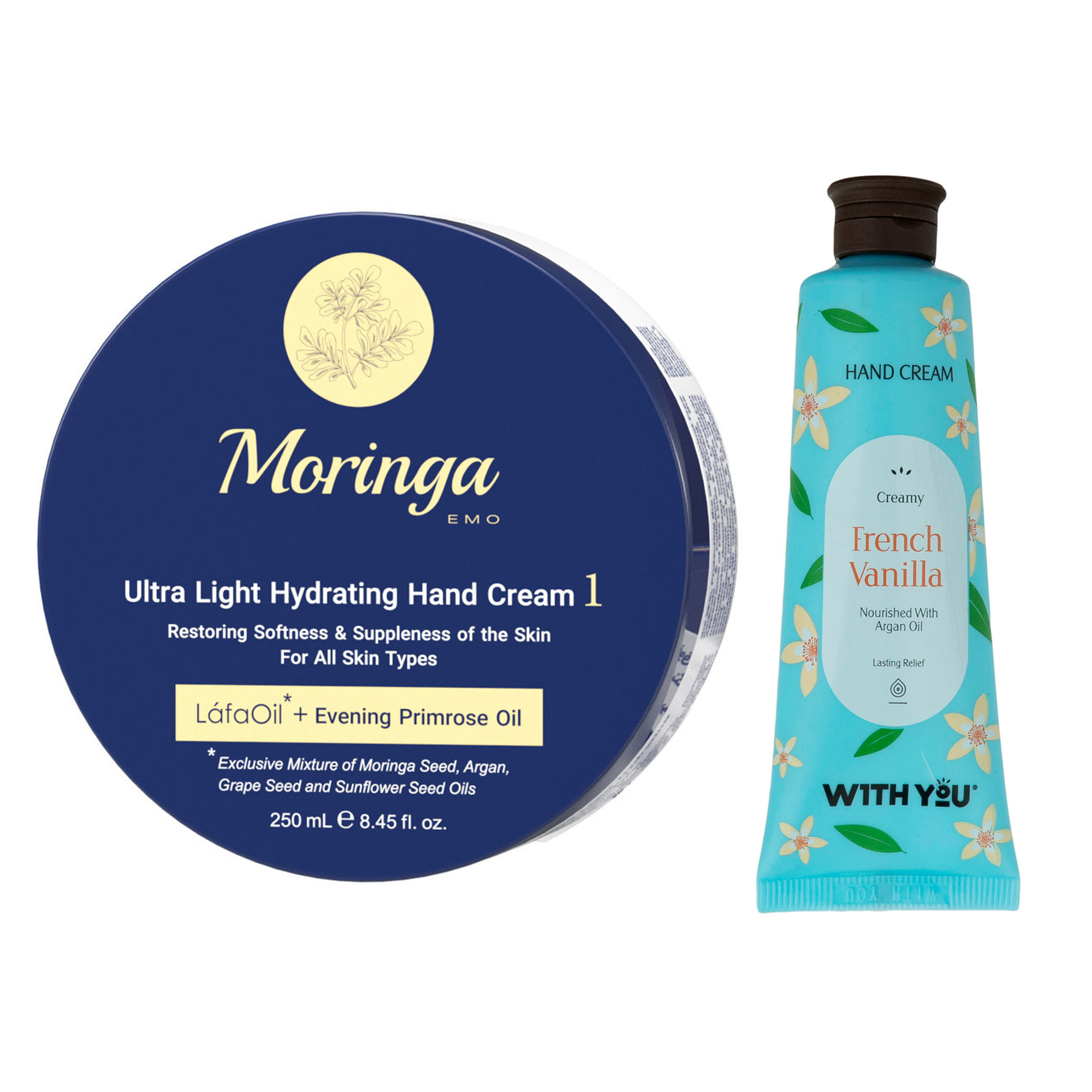 کرم آبرسان مورینگا امو مدل LáfaOil حجم 250 میلی لیتر به همراه کرم مرطوب کننده ویت یو مدل French Vanilla حجم 50 میلی لیتر