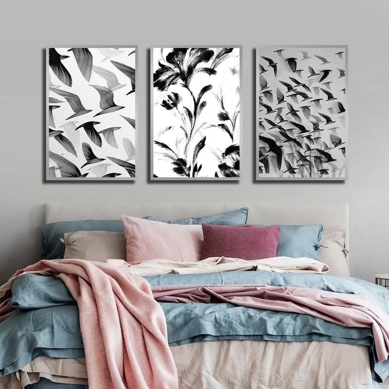 تابلو بکلیت طرح نقاشی پرنده مدل SI-3449 فریم نقره ای مجموعه 3 عددی